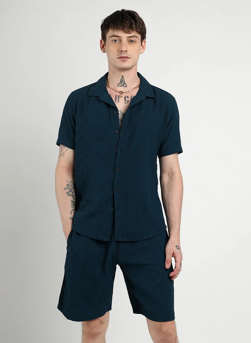 Campus Sutra Men's Navy Blue Textured Interwine Co-Ord Set For Casual Wear | Cuban Collar | Short Sleeve | Button Closure | Co-Ords Crafted With Comfort Fit For Everyday Wear